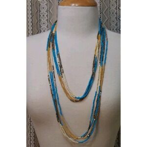 Multi Strand Seed Bead Necklace  Southwestern Boho Turquoise Gold Yellow Vintage